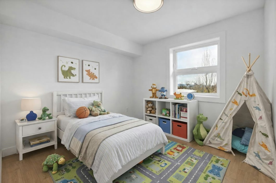 Bright children’s bedroom with a white bed, colourful play rug, toy storage, window, and indoor play tent.