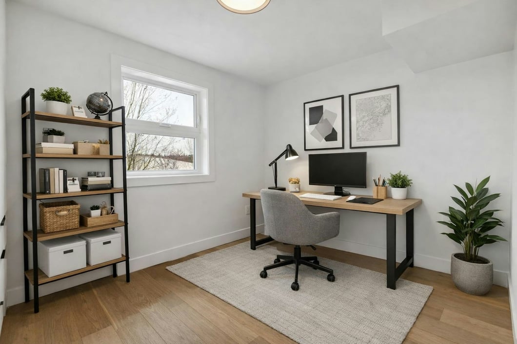 Bright home office with wood desk, shelving, computer workstation, framed art, plants, and light wood floors.