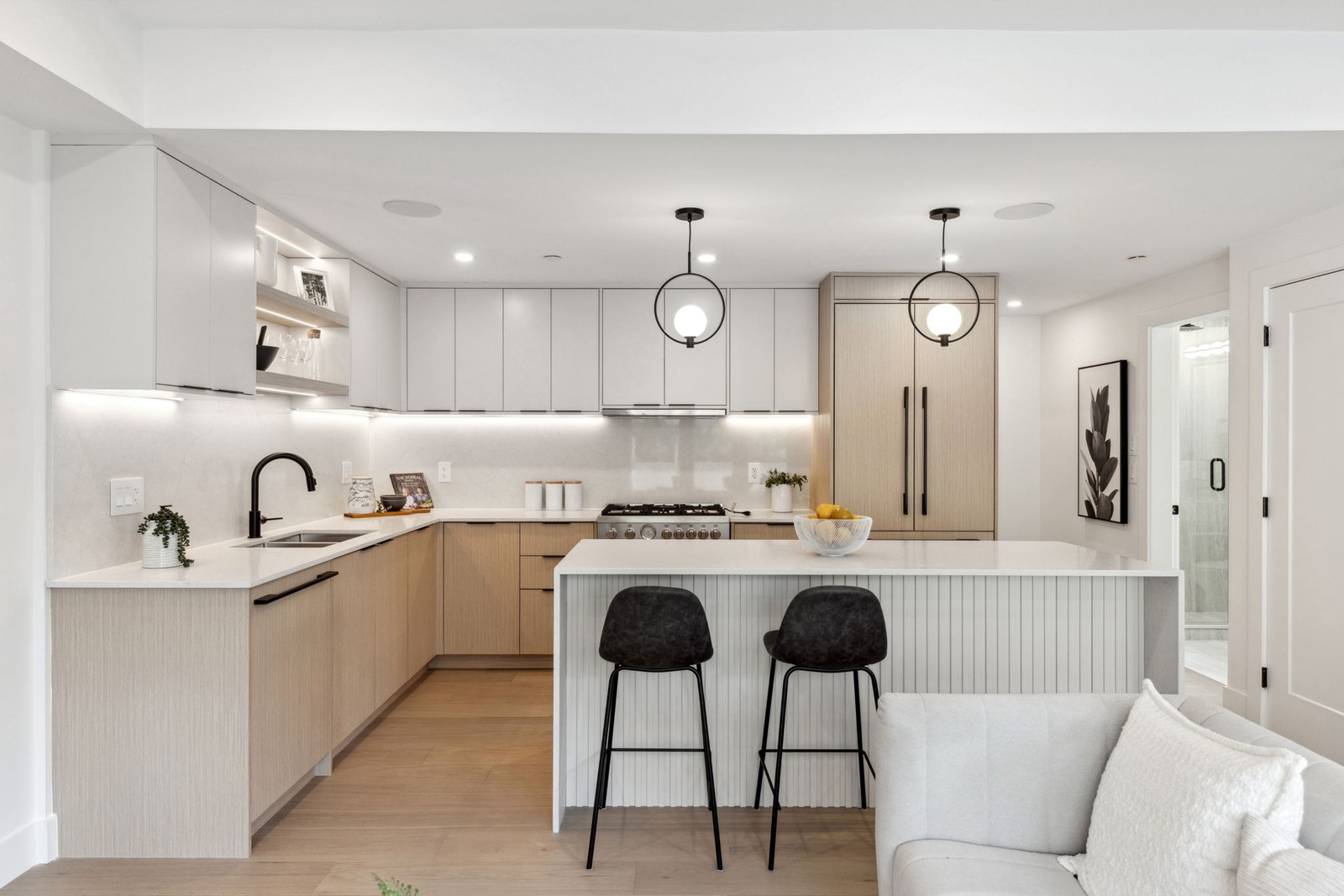 Vancouver living room, kitchen, and staircase in an open floor plan