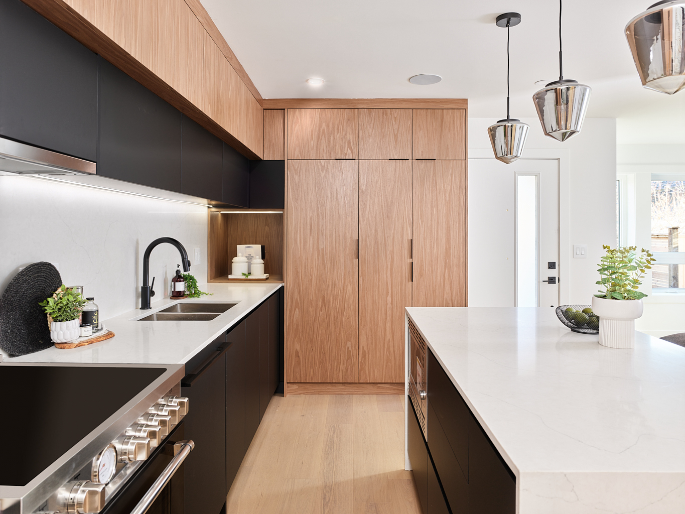 Kitchen in a laneway home with black cabinets and a white counter.